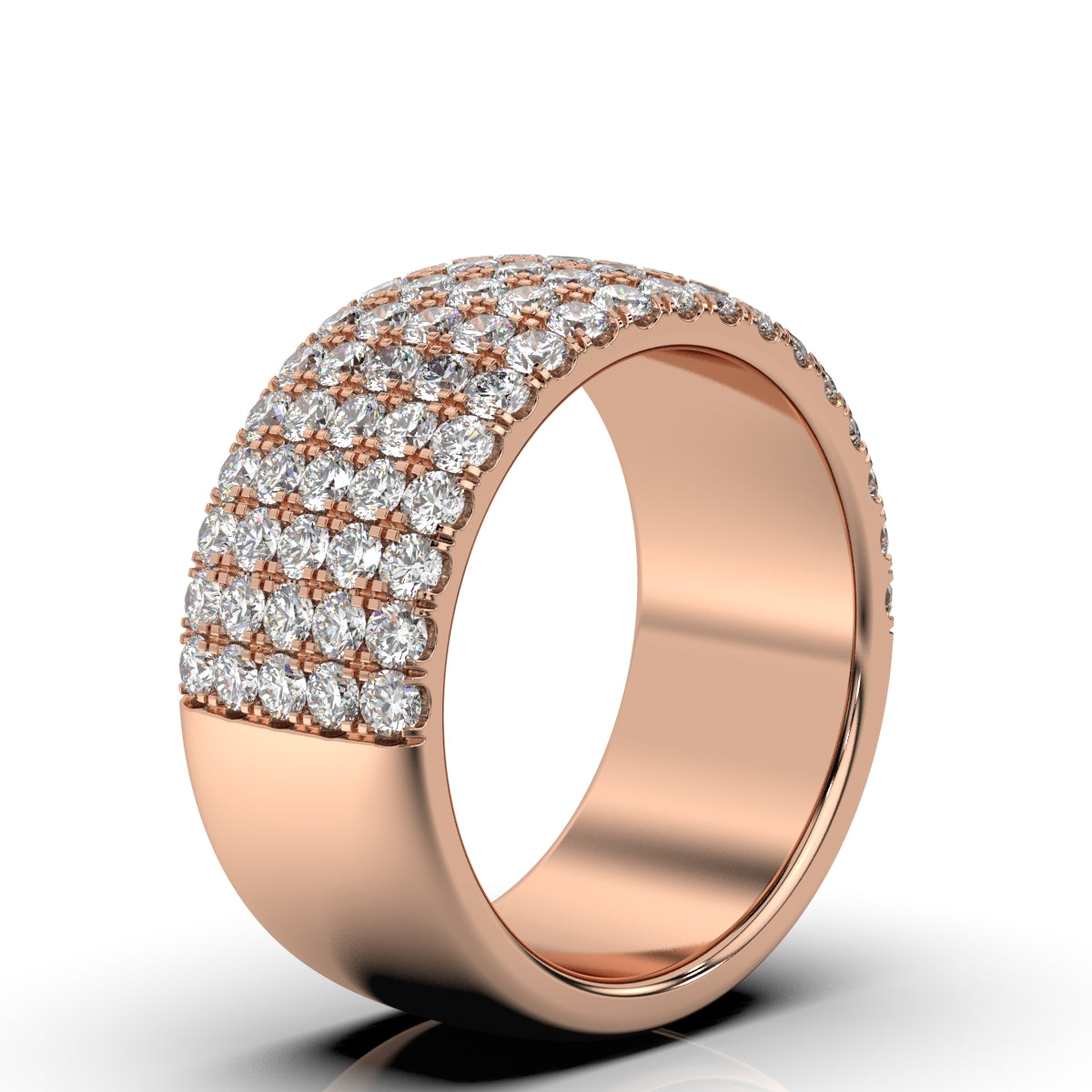 Rose gold ring with diamond accents on a white background