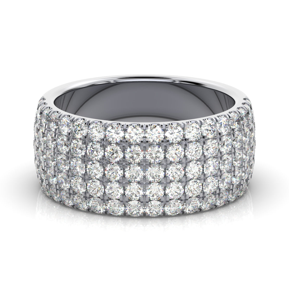 Diamond ring with multiple rows of sparkling stones on a white background