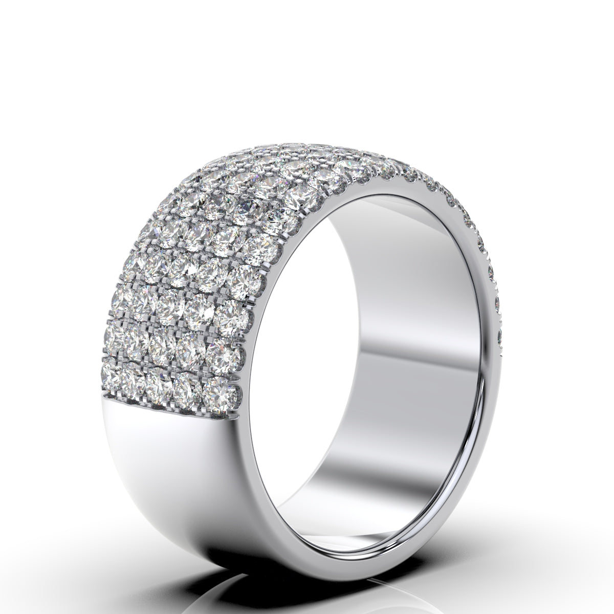 Silver ring with diamond accents on a white background