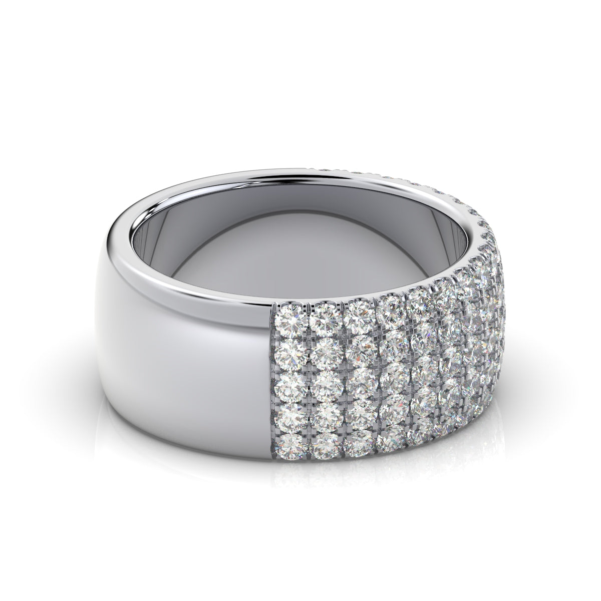 Silver ring with diamond accents on a white background