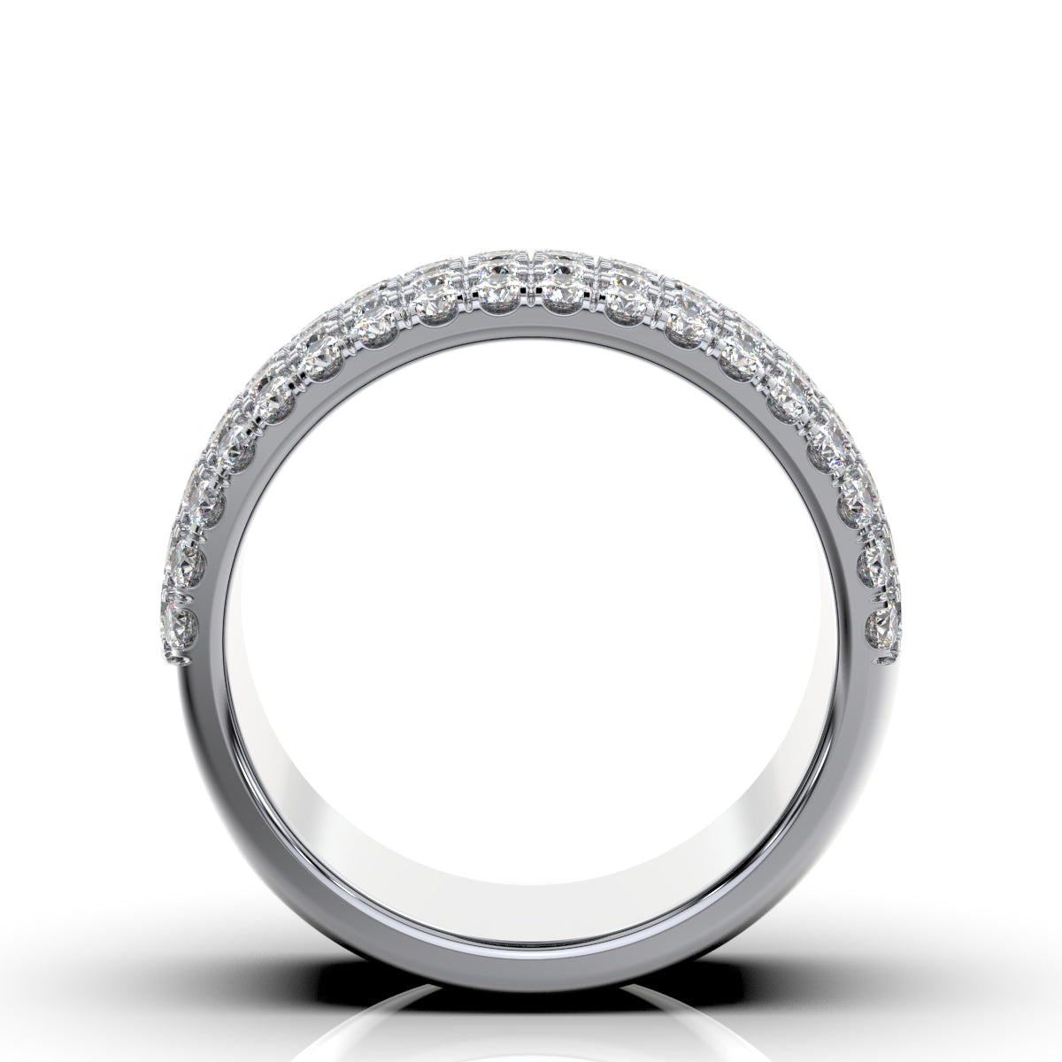 Silver ring with small diamonds on a white background