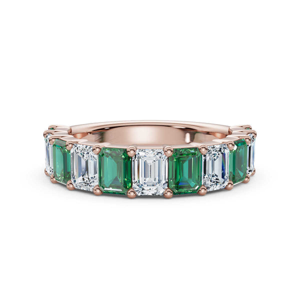 14K Rose Gold Alternating Green & White 2.2 CWT Emerald-Cut Multi-Stone Band Ring