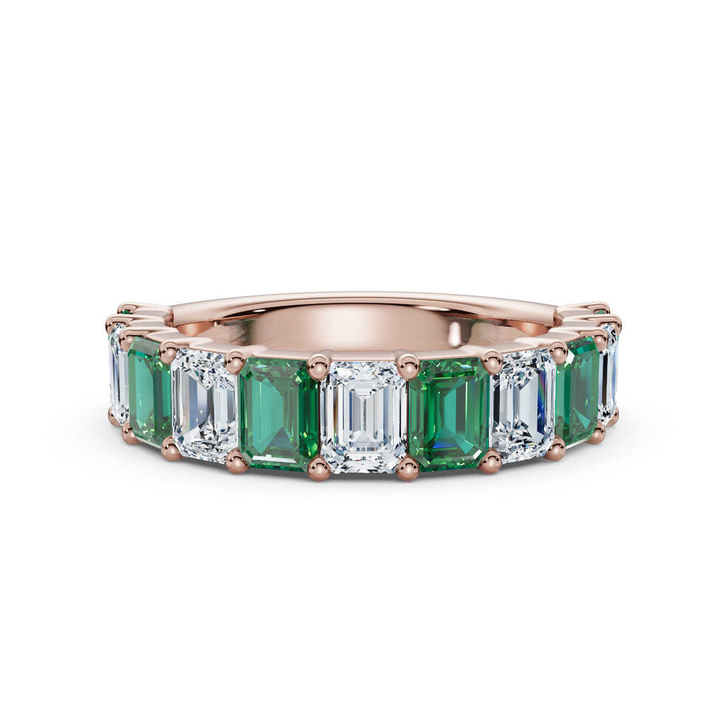 14K Rose Gold Alternating Green & White 2.2 CWT Emerald-Cut Multi-Stone Band Ring