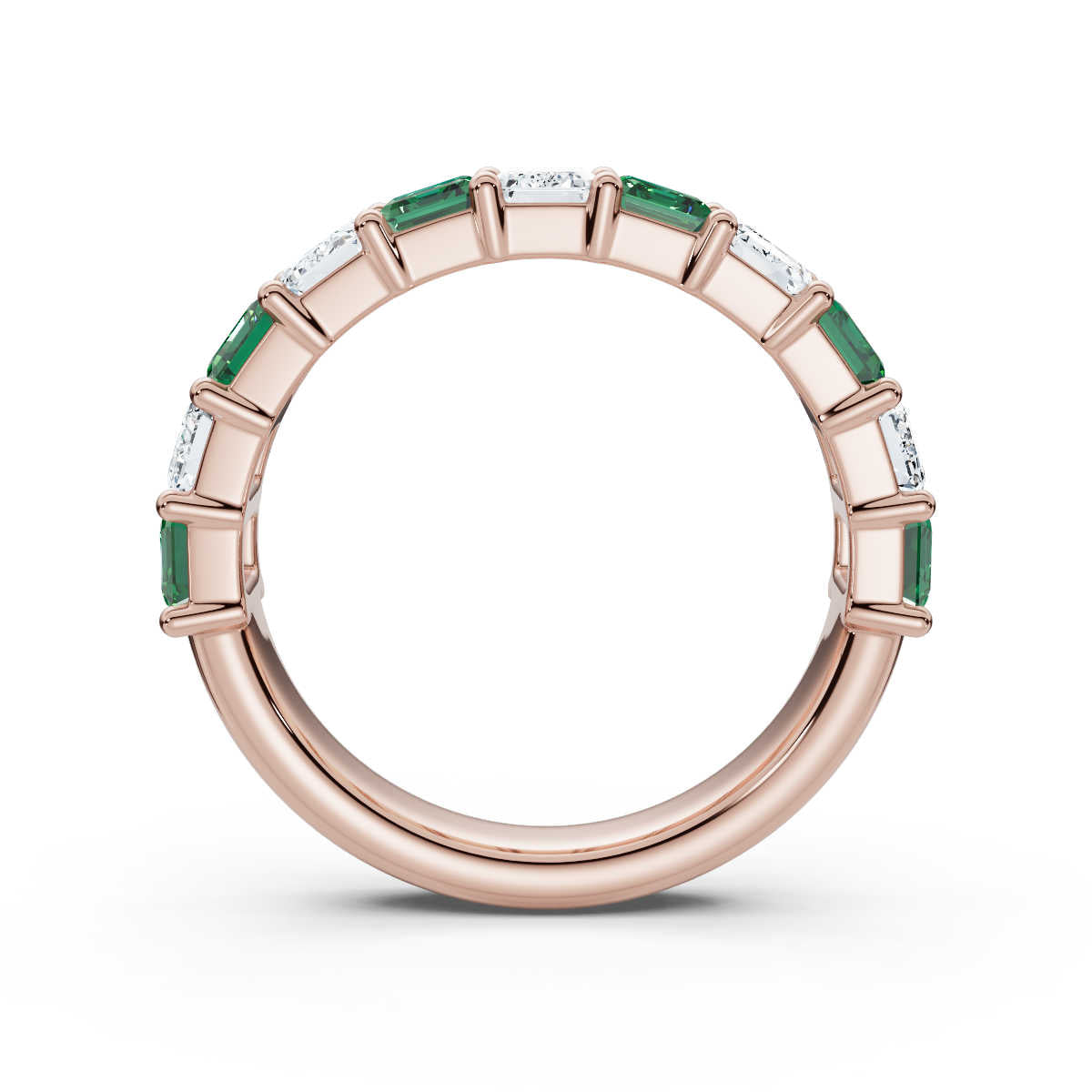 18K Rose Gold Alternating Green & White Emerald-Cut Multi-Stone Band 2.2 CTW Ring