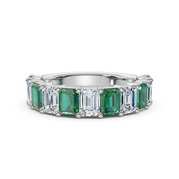 14K White Gold Alternating Green & White Emerald-Cut 2.2CWT Multi-Stone Band Ring