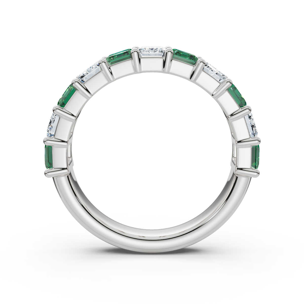 18K White Gold Alternating Green & White Emerald-Cut Multi-Stone Band 2.2 CTW Ring