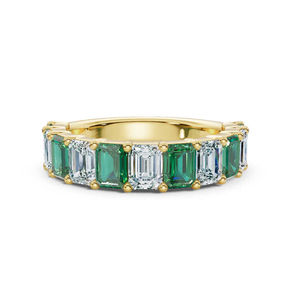 14K Yellow Gold Alternating Green & White Emerald-Cut 2.2 CWT Multi-Stone Band Ring