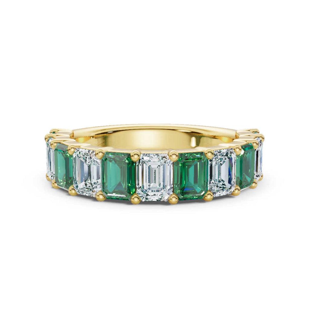 14K Yellow Gold Alternating Green & White Emerald-Cut 2.2 CWT Multi-Stone Band Ring