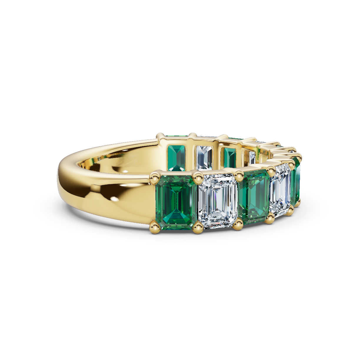 18K Yellow Gold Alternating Green & White Emerald-Cut Multi-Stone Band 2.2 CTW Ring