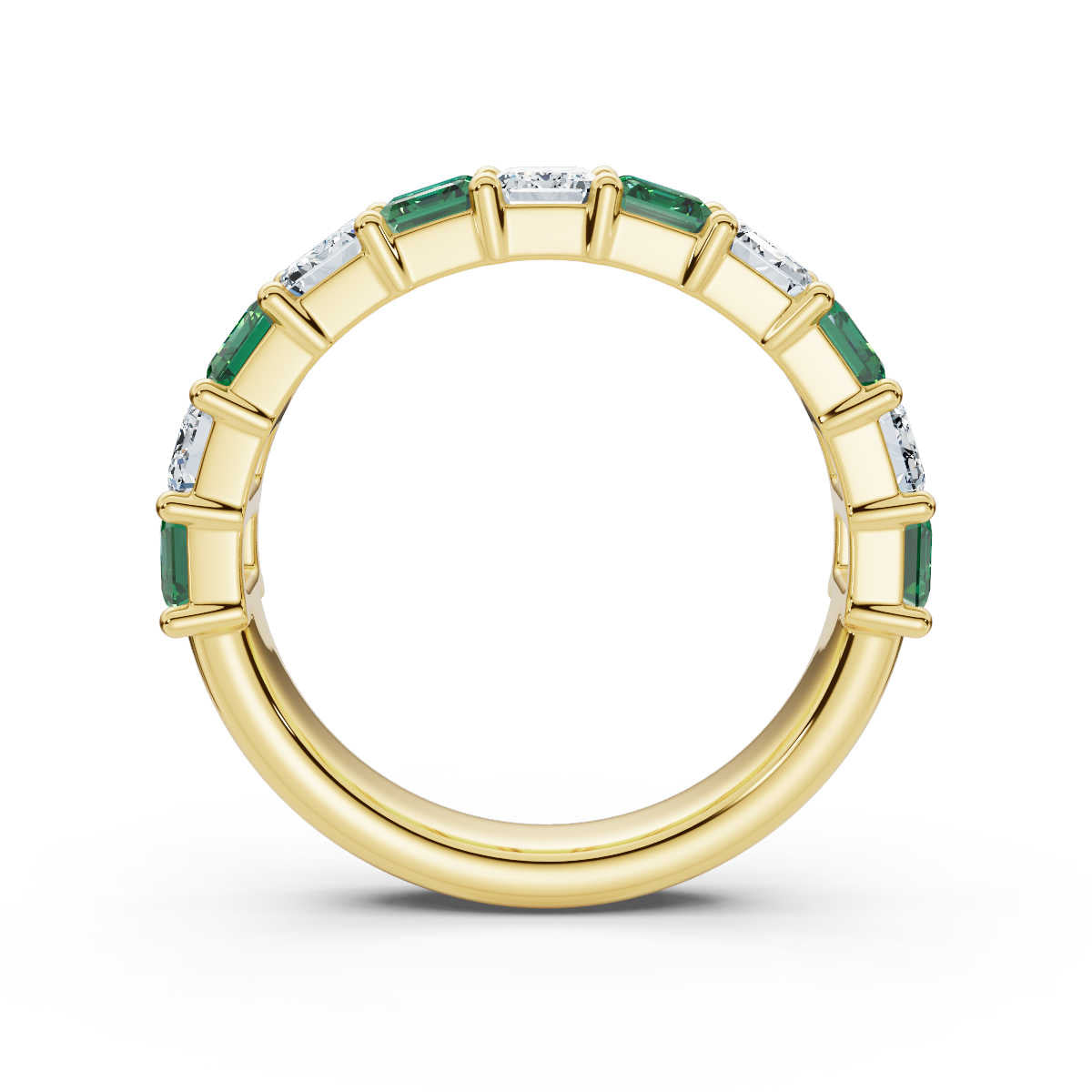 18K Yellow Gold Alternating Green & White Emerald-Cut Multi-Stone Band 2.2 CTW Ring