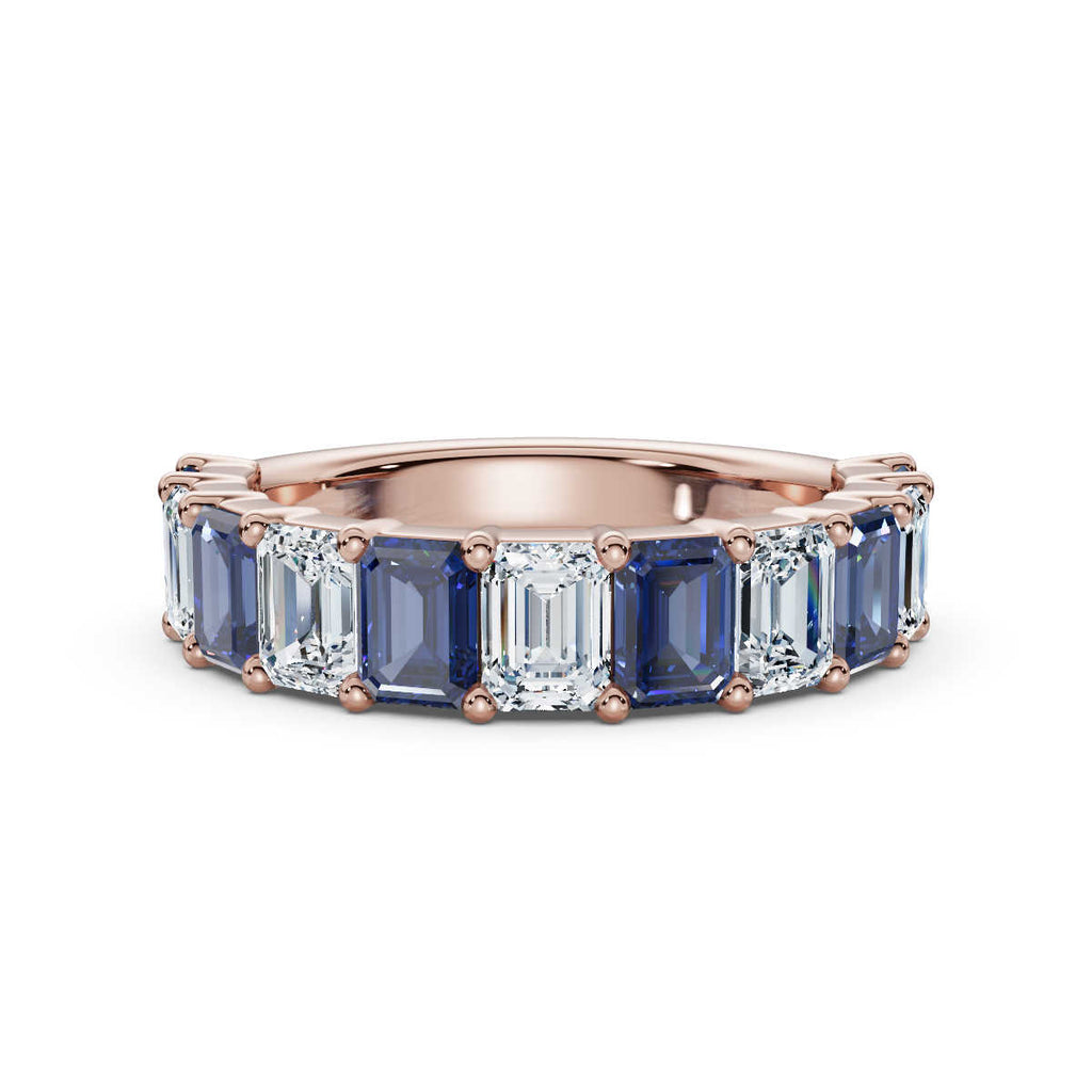14K Rose Gold 2.20 CTW Alternating White & Blue Emerald-Cut Lab-Grown Diamond Semi-Eternity Band Ring