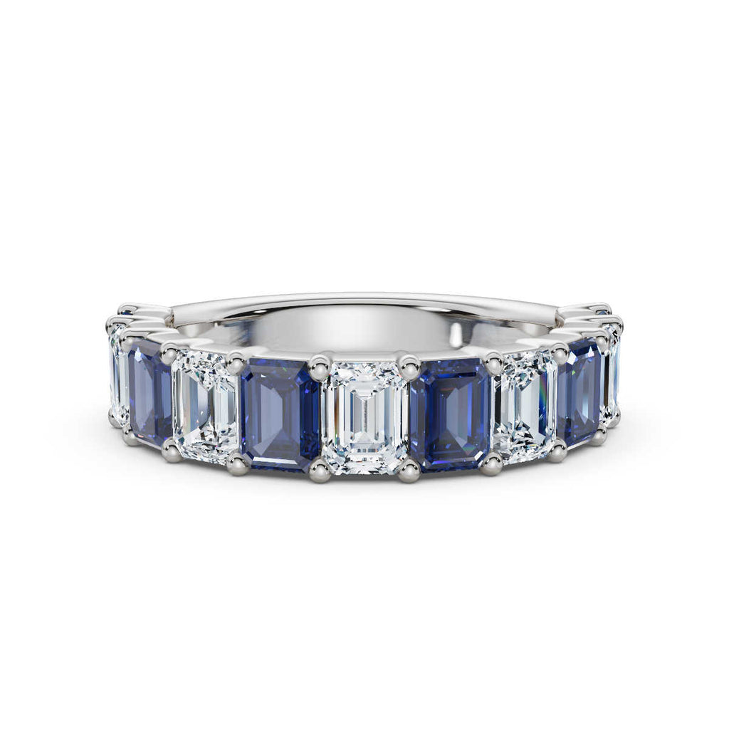 14K White Gold 2.20 CTW Alternating Emerald-Cut Blue & Whjite Diamond Semi-Eternity Band Ring