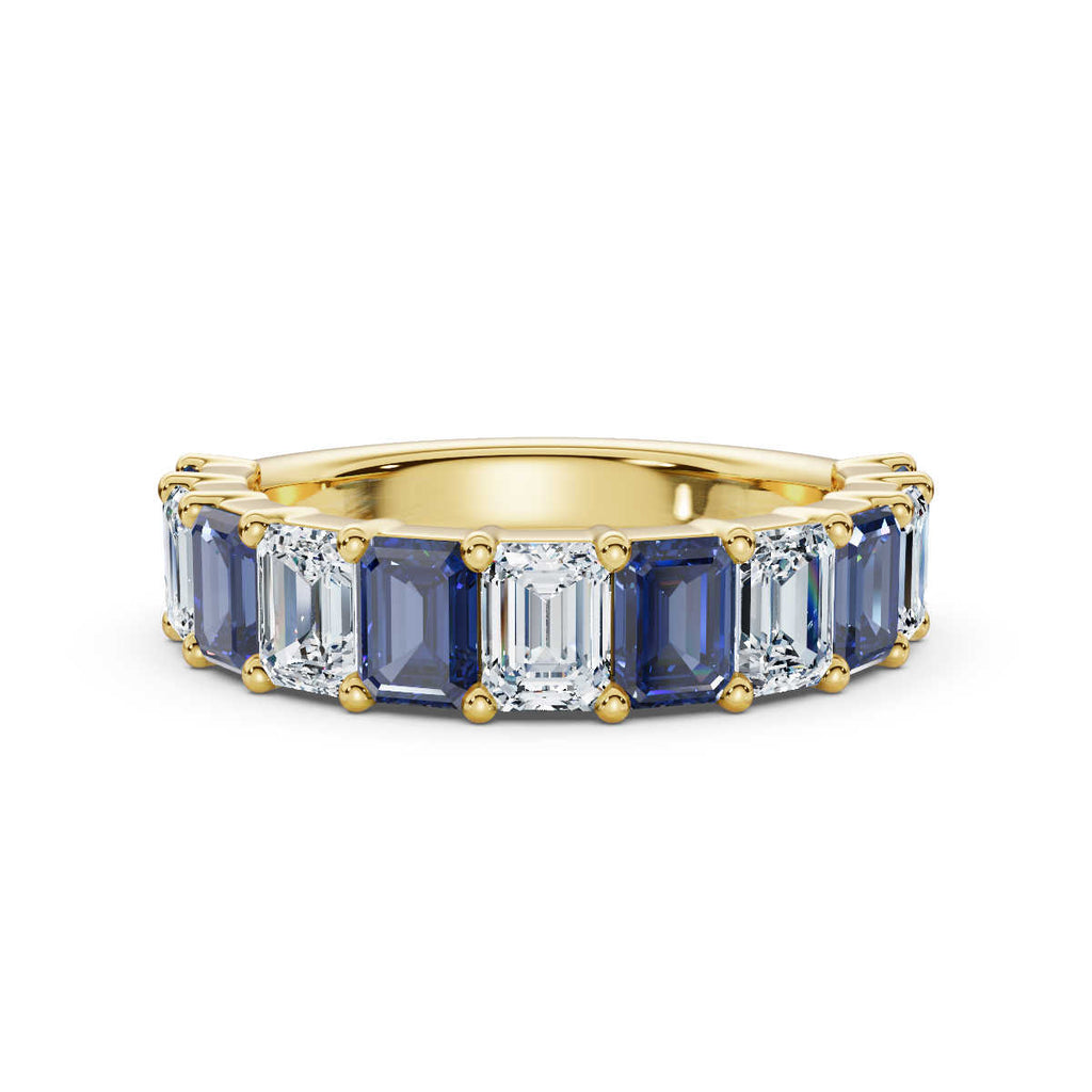 14K Yellow Gold 2.20 CTW Alternating White & Blue Emerald-Cut Lab-Grown Diamond Semi-Eternity Band Ring