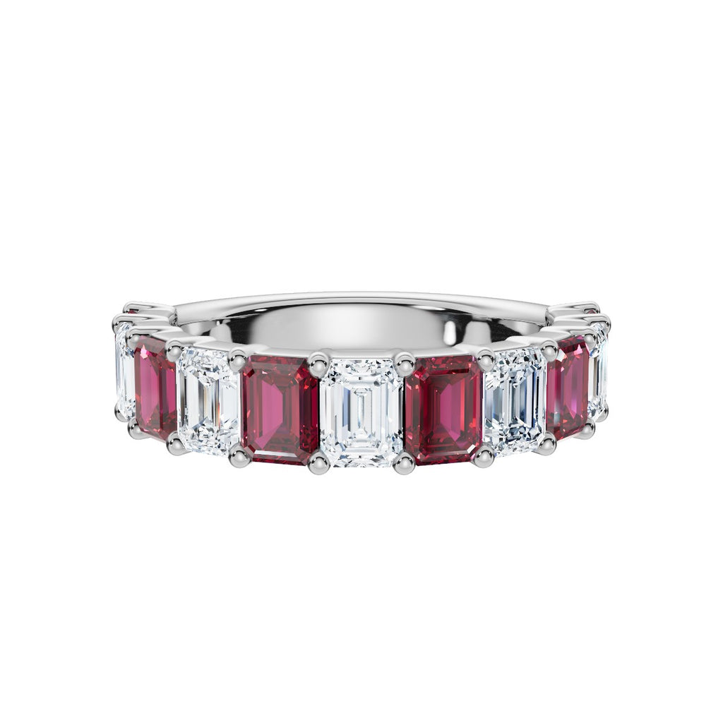 14K White Gold Alternating Pink & White Emerald-Cut Multi-Stone Band Ring 2.2 CWT