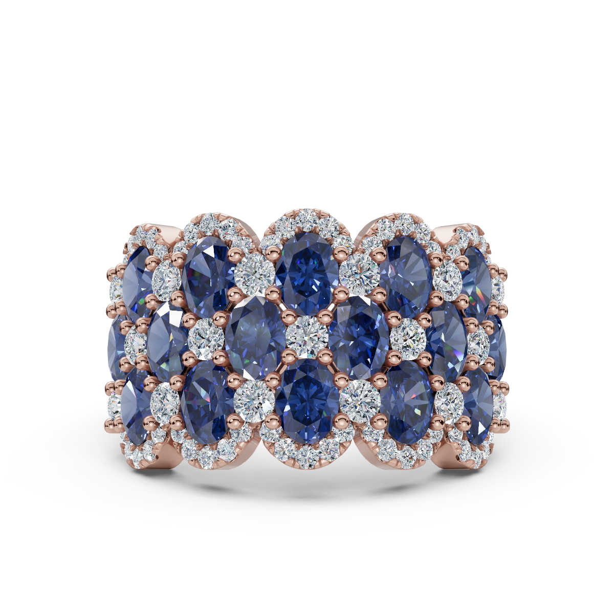 2.84 CTW Multi-Row  Fancy Blue Diamond Mosaic Statement Band in 18K Rose Gold Ring