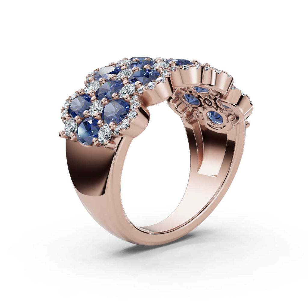 2.84 CTW Multi-Row Fancy Blue Diamond Mosaic Statement Band in 14K Rose Gold Ring