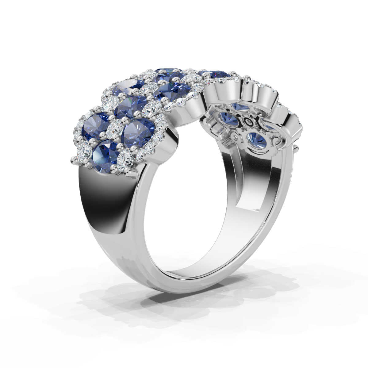 2.84 CTW Multi-Row Fancy Blue  Diamond Mosaic Statement Band in Platinum Ring