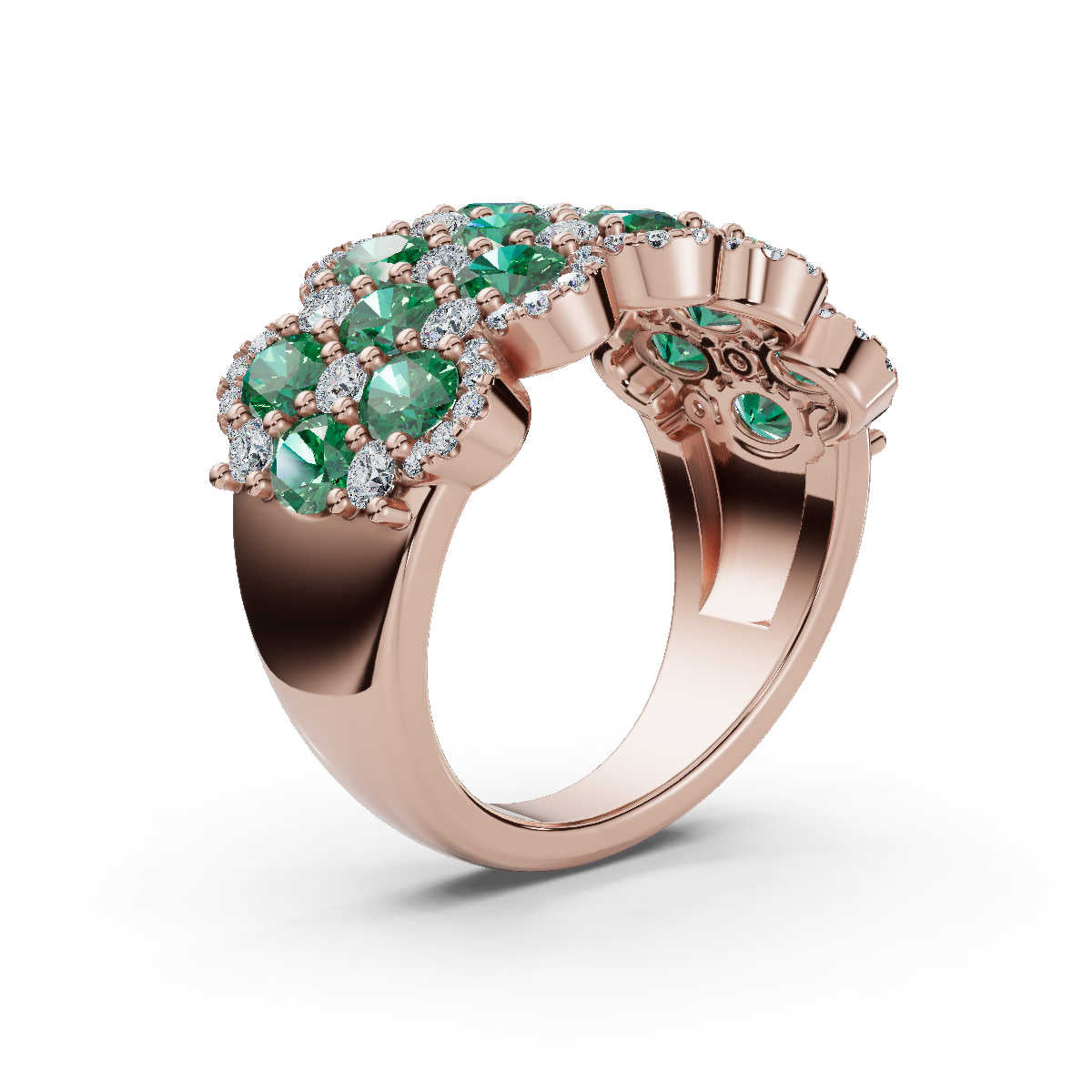 2.84 CTW Fancy Vivid Green and White Diamond Mosaic Cocktail Band in 14K Rose Gold Ring