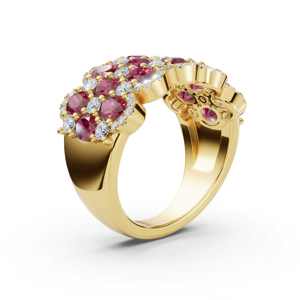 2.84 CTW Fancy Vivid Red and White Diamond Mosaic Cocktail Band in 18K Yellow Gold Ring
