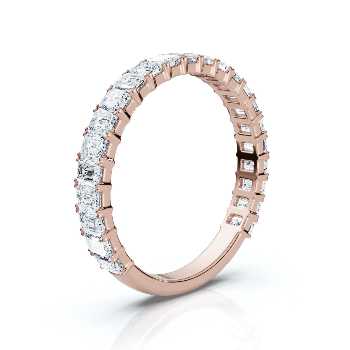 0.96-10 CTW Emerald Cut Lab Grown Diamond Shared Prong Eternity Band in 18K Rose Gold