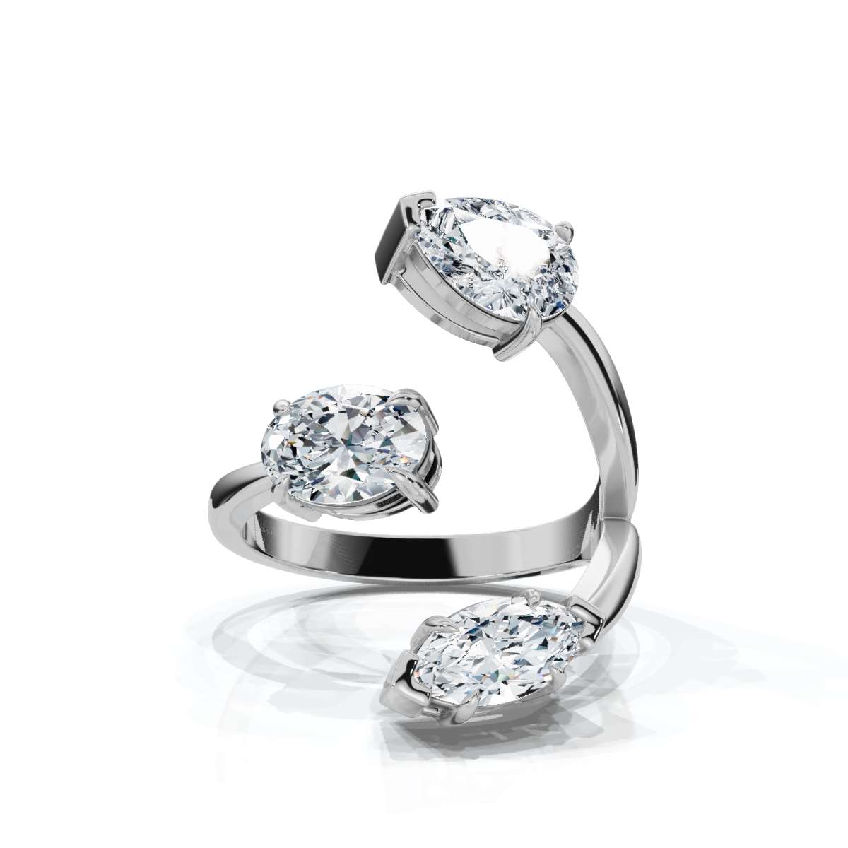 White gold ring with pear-shaped diamonds on a white background