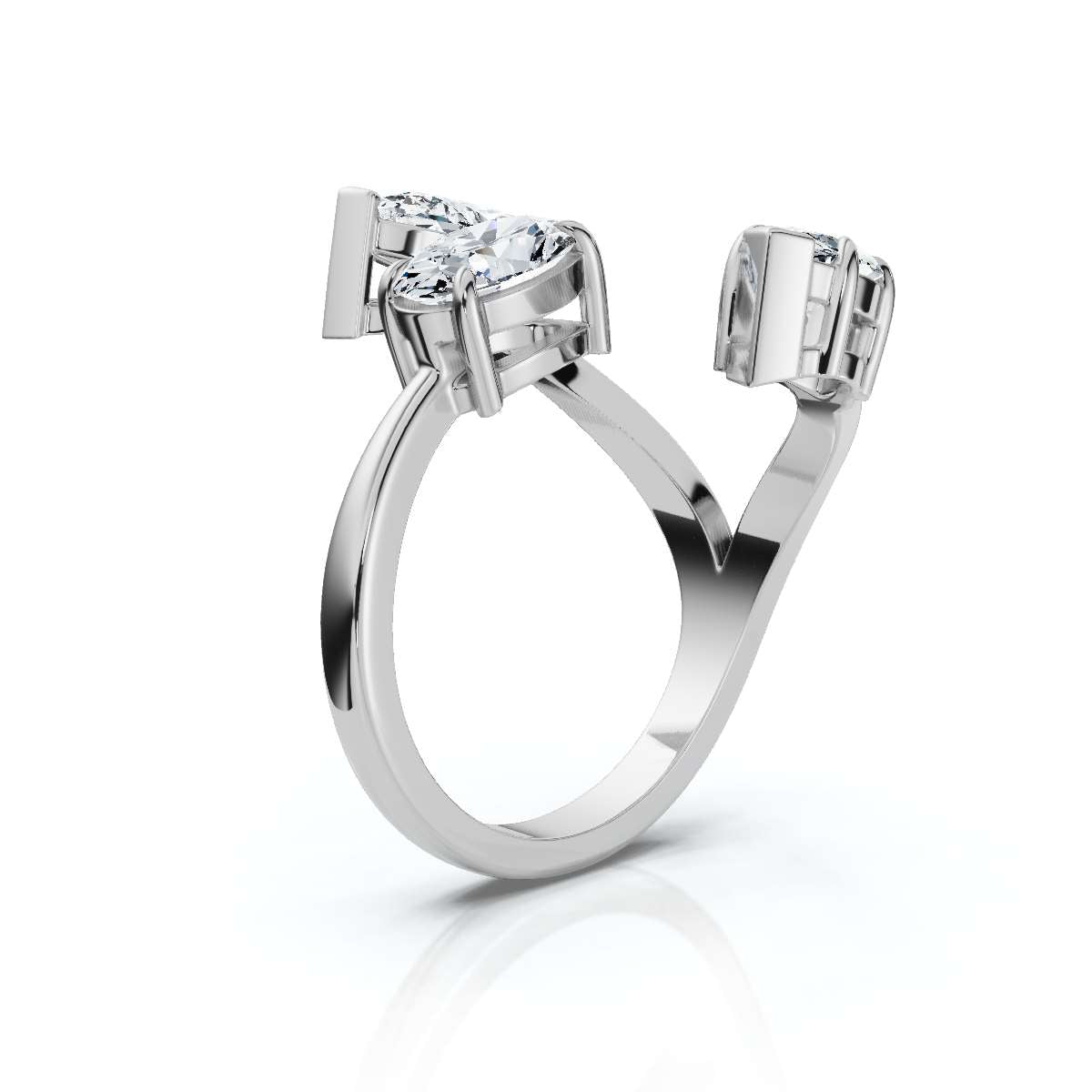White gold ring with pear-shaped diamonds on a white background