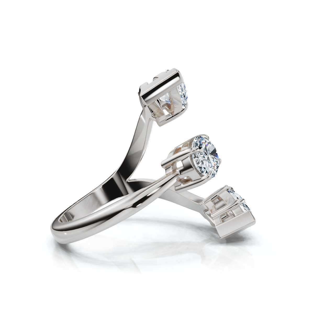 White gold ring with pear-shaped diamonds on a white background
