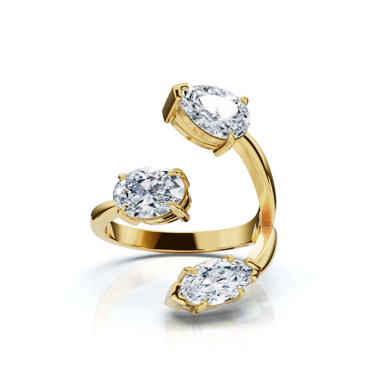 Gold ring with three large clear gemstones on a white background