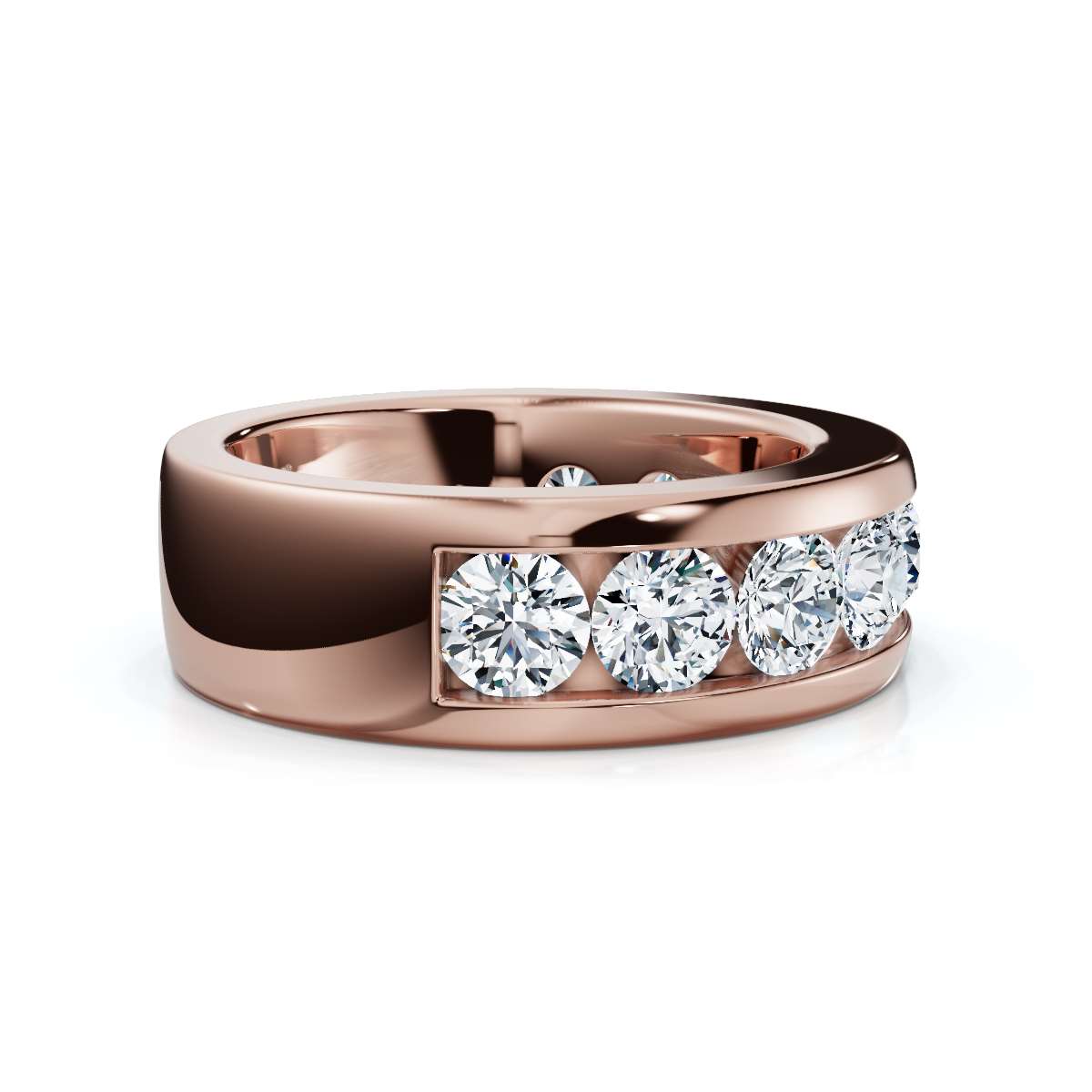 Rose gold ring with nine diamonds on a white background