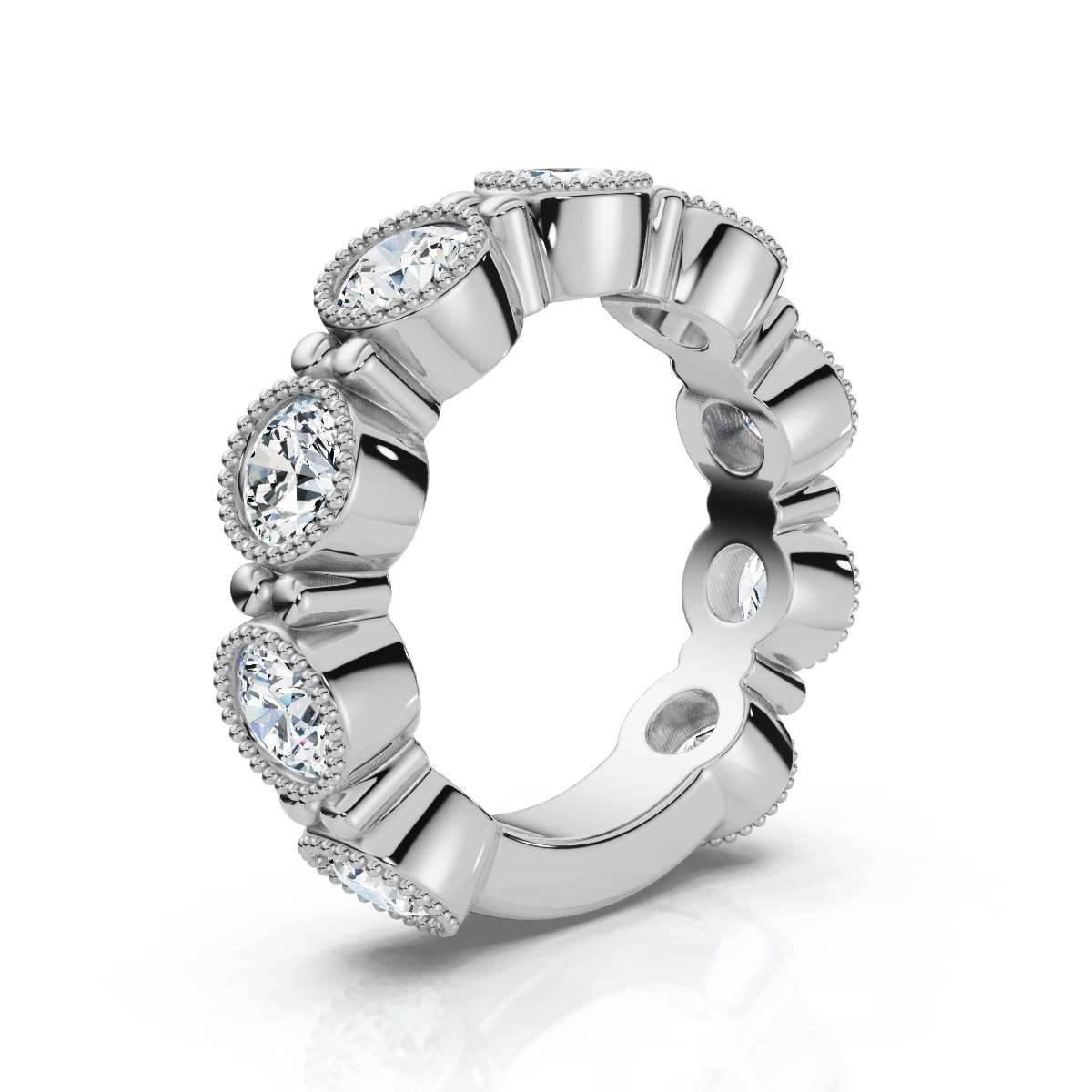 2.25 CTW Round Diamond Milgrain Scalloped Bezel Band in 18K White Gold Ring