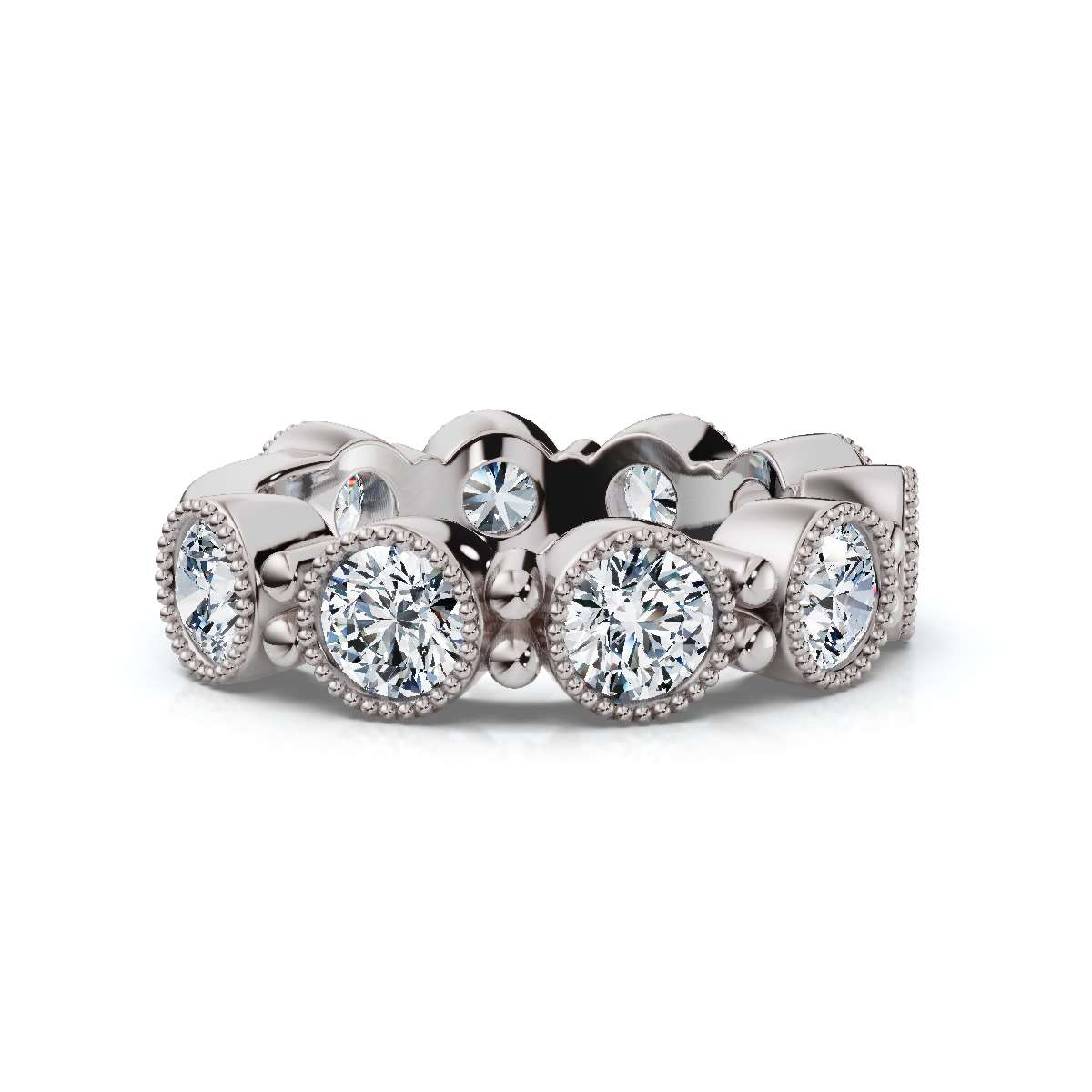 2.25 CTW Round Diamond Milgrain Scalloped Bezel Band in 18K White Gold Ring