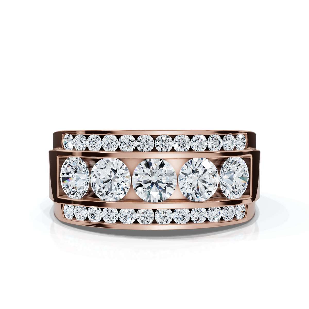Diamond ring with rose gold band on a white background