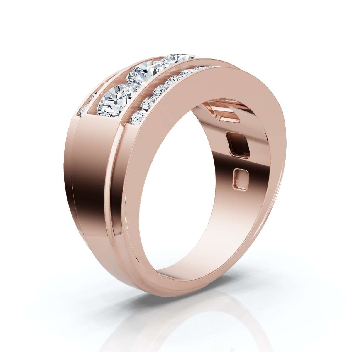 Rose gold ring with diamonds on a white background