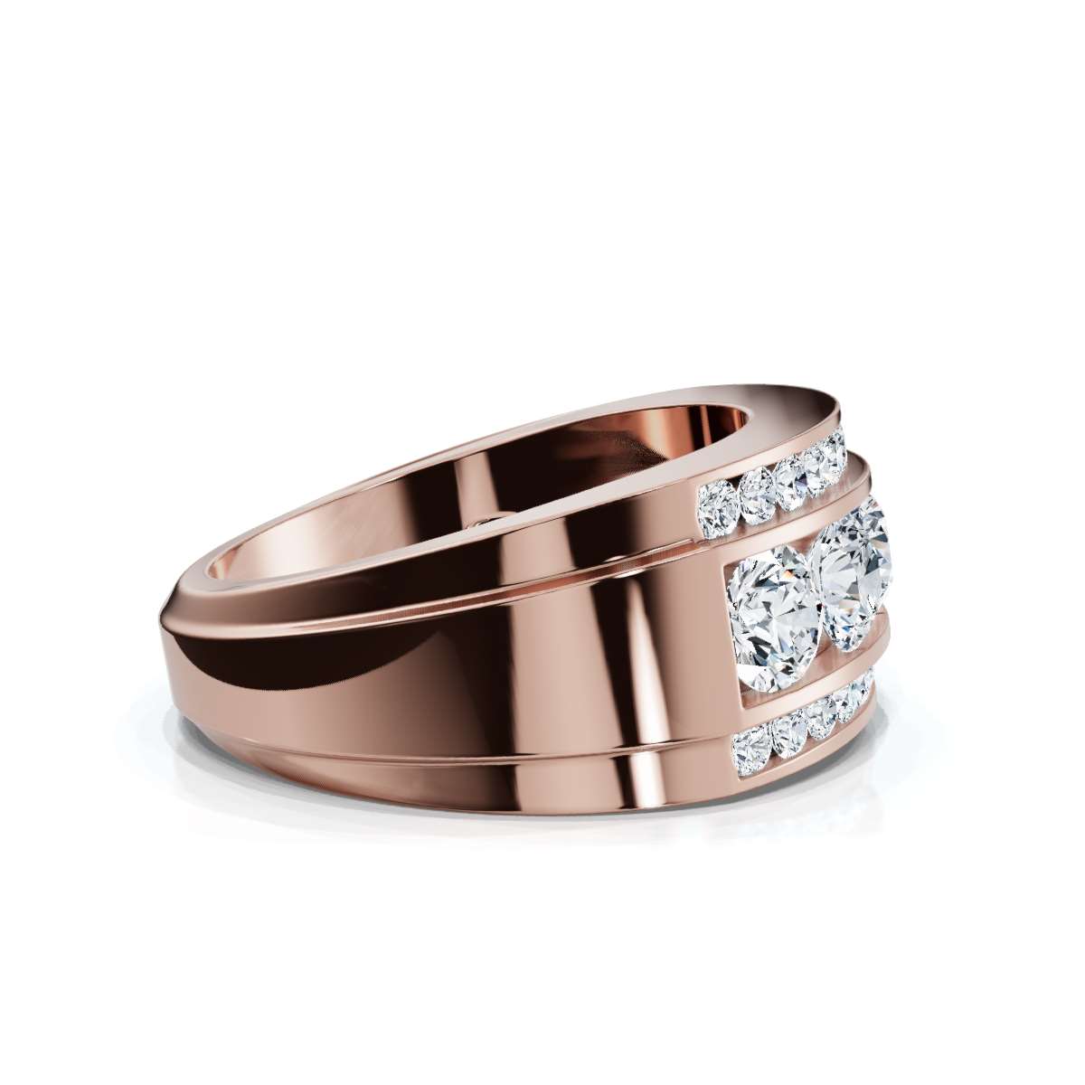 Rose gold ring with diamond accents on a white background