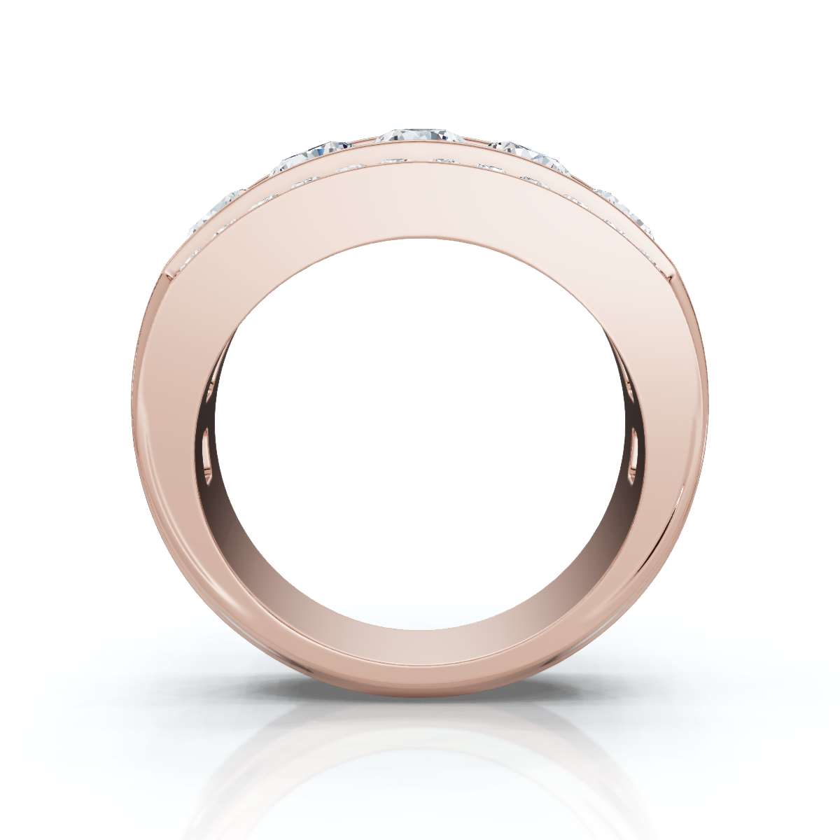 Rose gold ring with embedded stones on a white background