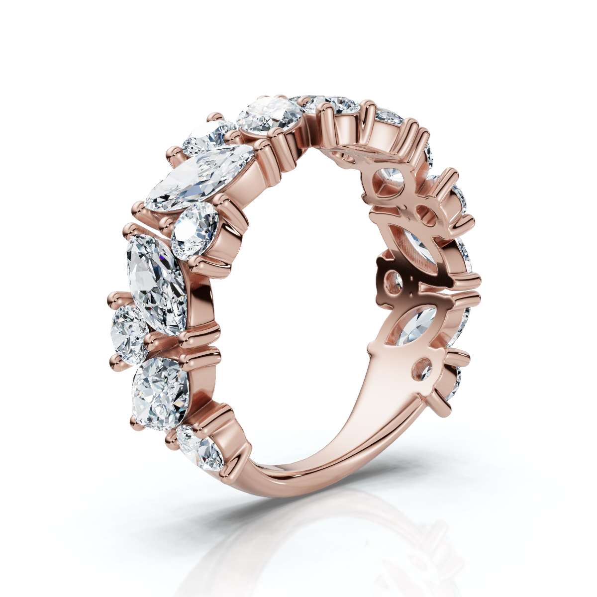 2.02 CTW Marquise & Round Mixed-Shape Asymmetric Cluster Band in 18K Rose Gold Ring