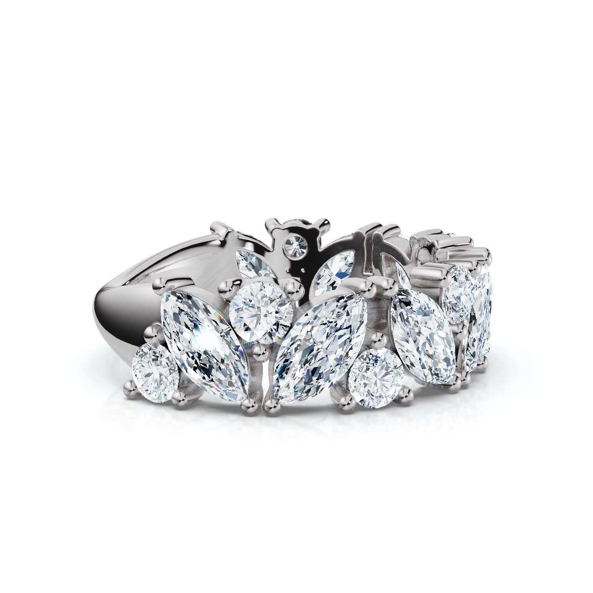 2.02 CTW Marquise & Round Mixed-Shape Asymmetric Cluster Band in 18K White Gold Ring