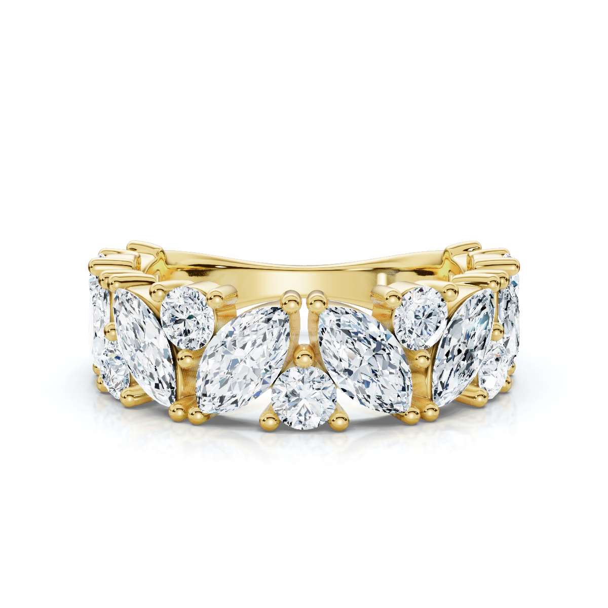 2.02 CTW Marquise & Round Mixed-Shape Asymmetric Cluster Band in 18K Yellow Gold Ring