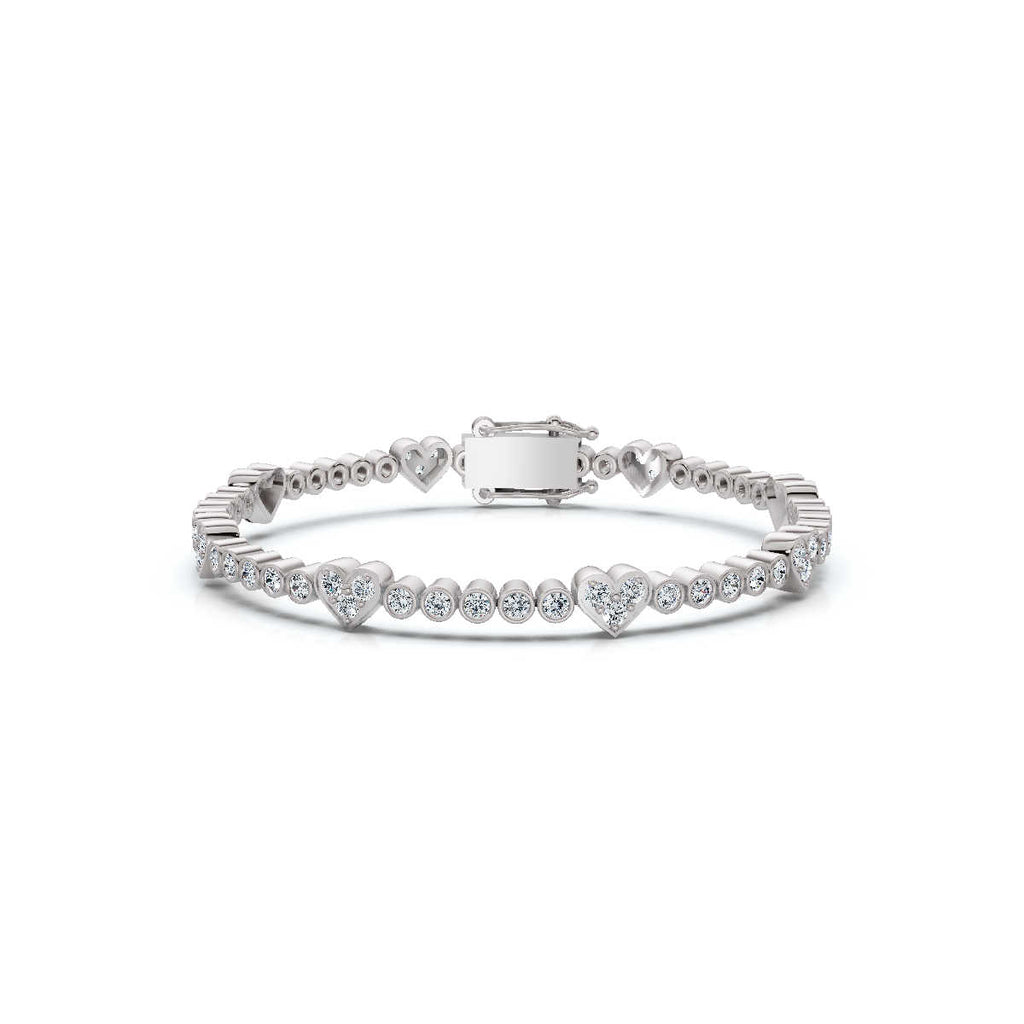 The Amour Link: 1.89 CTW Alternating Bezel & Heart Diamond Eternity Bracelet 14K-18K Gold/Platinum