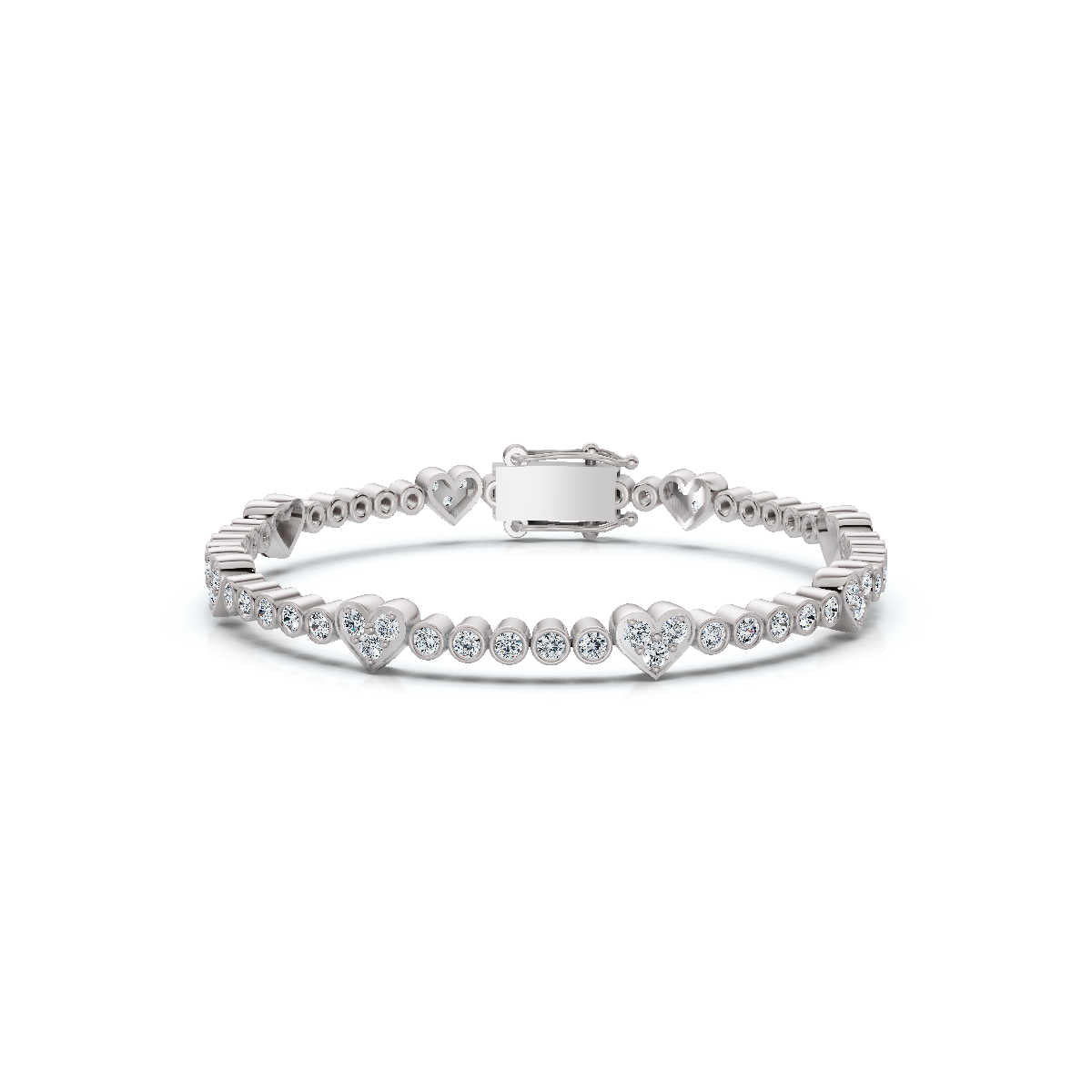 The Amour Link: 1.89 CTW Alternating Bezel & Heart Diamond Eternity Bracelet 14K-18K Gold/Platinum