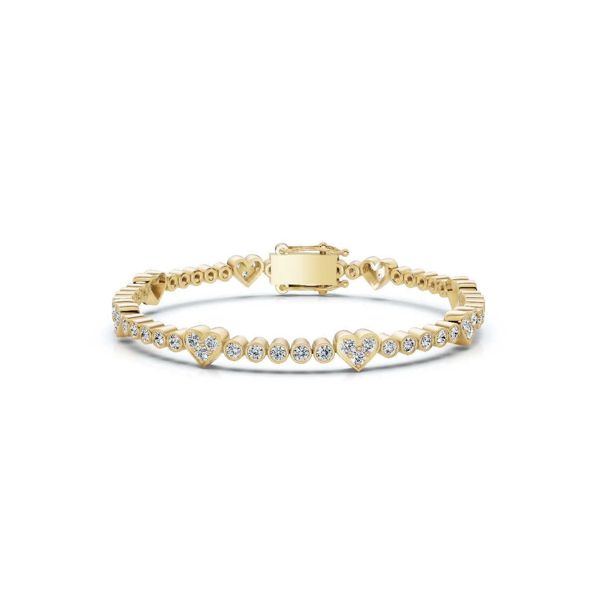 The Amour Link: 1.89 CTW Alternating Bezel & Heart Diamond Eternity Bracelet 14K-18K Gold/Platinum