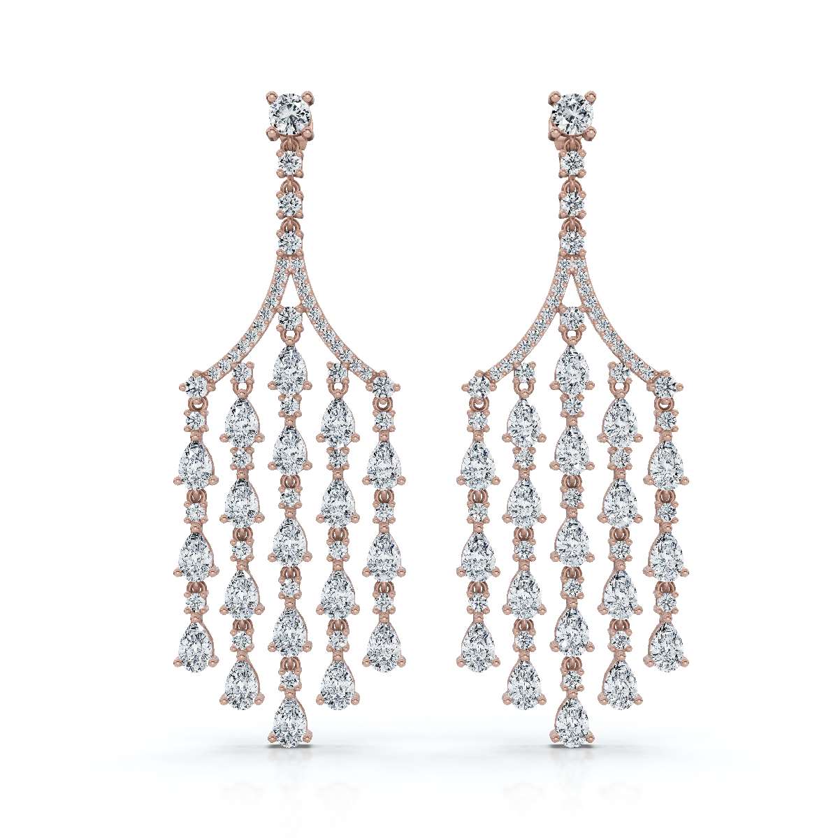 The Grand Deluge: 10.63 CTW Cascading Pear & Round Diamond Fringe Chandeliers 14K-18K Gold/Platinum