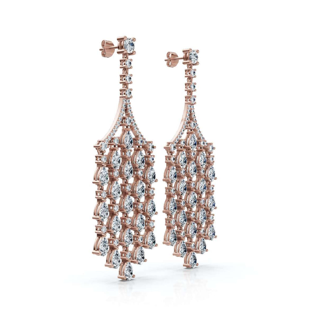 The Grand Deluge: 10.63 CTW Cascading Pear & Round Diamond Fringe Chandeliers 14K-18K Gold/Platinum