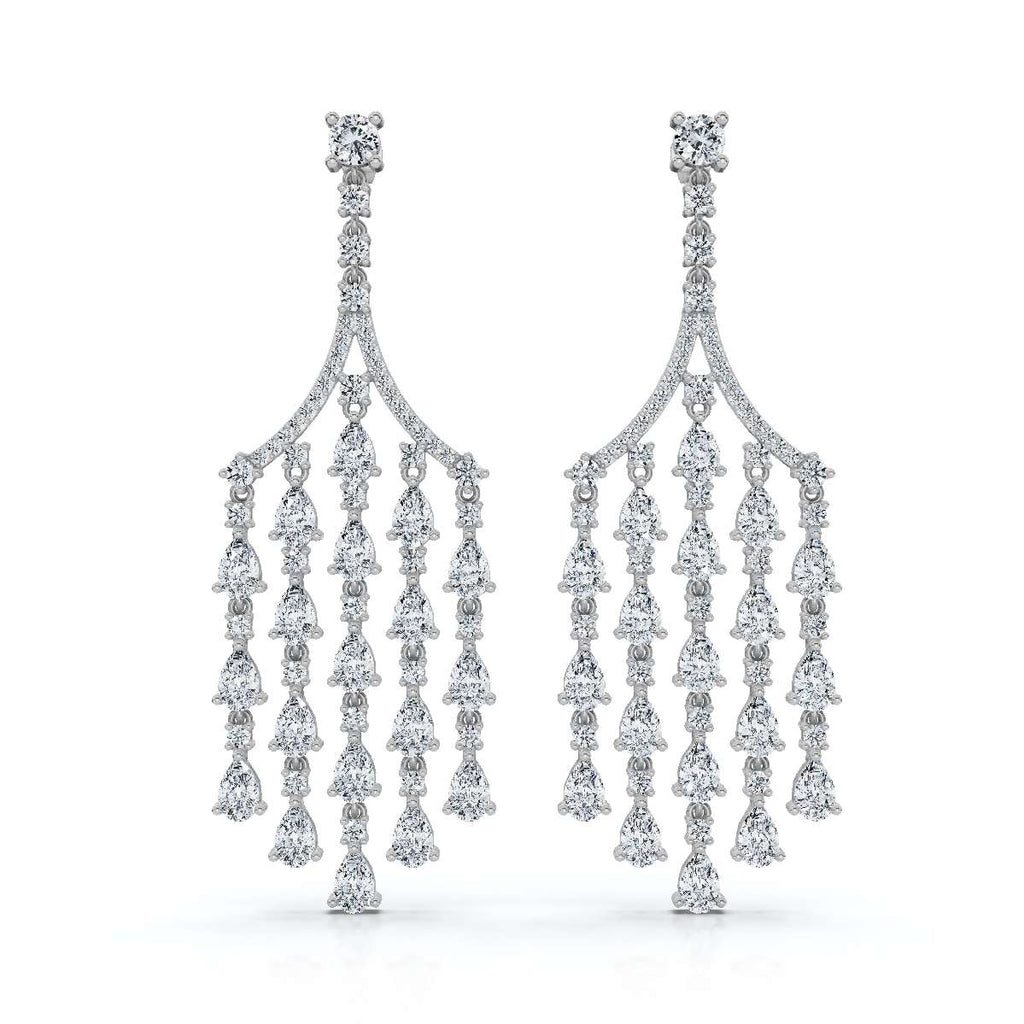 The Grand Deluge: 10.63 CTW Cascading Pear & Round Diamond Fringe Chandeliers 14K-18K Gold/Platinum