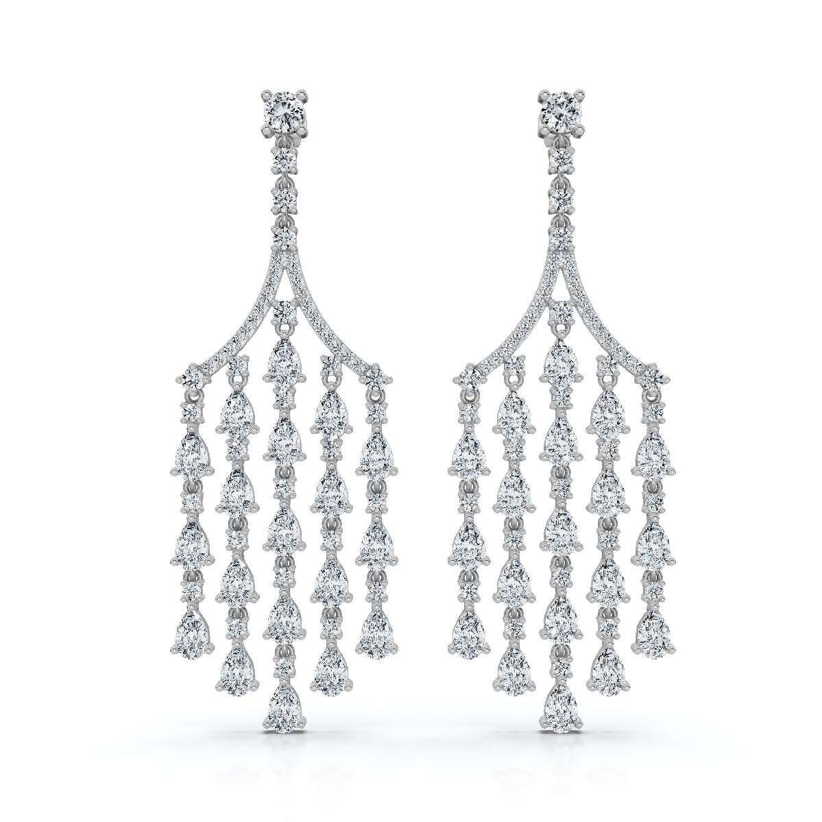 The Grand Deluge: 10.63 CTW Cascading Pear & Round Diamond Fringe Chandeliers 14K-18K Gold/Platinum