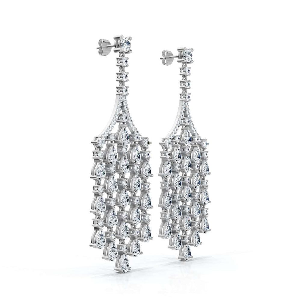 The Grand Deluge: 10.63 CTW Cascading Pear & Round Diamond Fringe Chandeliers 14K-18K Gold/Platinum