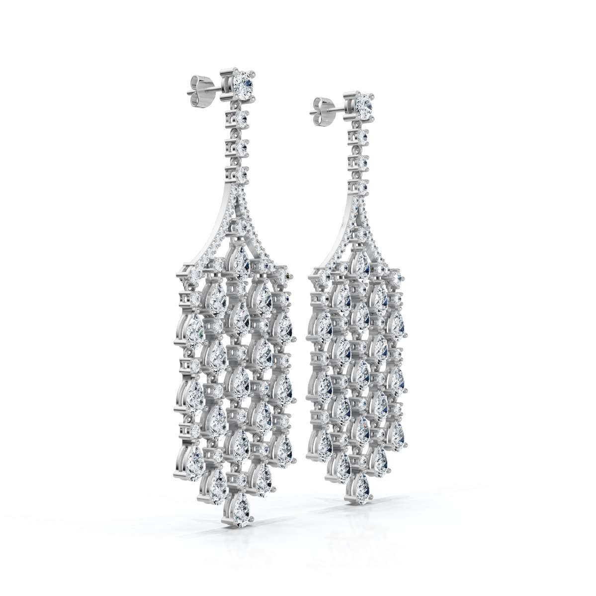 The Grand Deluge: 10.63 CTW Cascading Pear & Round Diamond Fringe Chandeliers 14K-18K Gold/Platinum