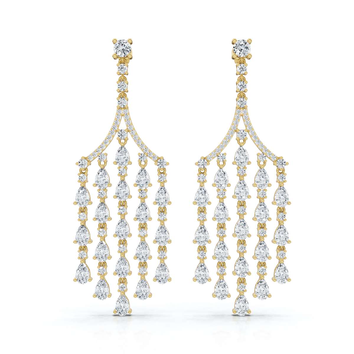 The Grand Deluge: 10.63 CTW Cascading Pear & Round Diamond Fringe Chandeliers 14K-18K Gold/Platinum