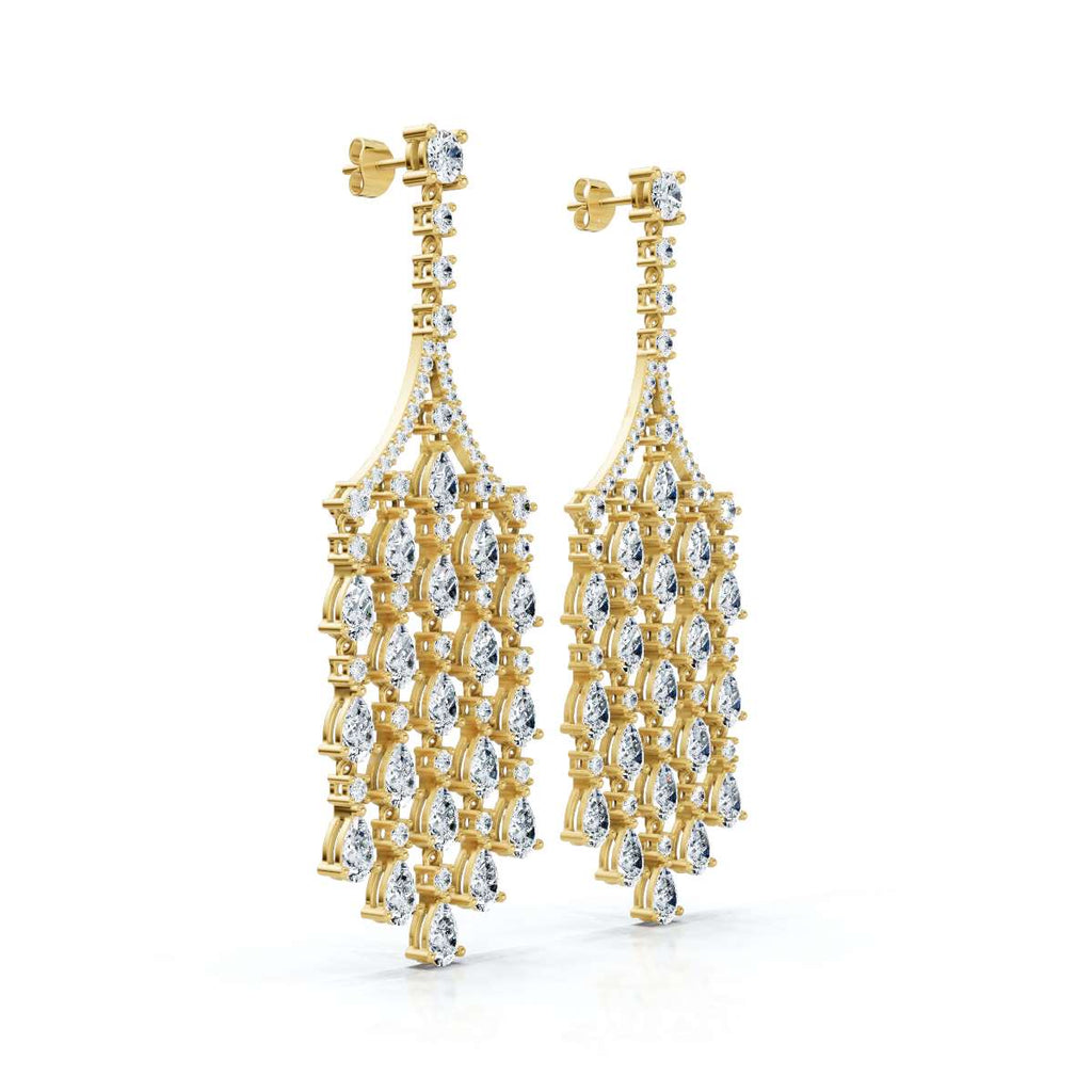 The Grand Deluge: 10.63 CTW Cascading Pear & Round Diamond Fringe Chandeliers 14K-18K Gold/Platinum