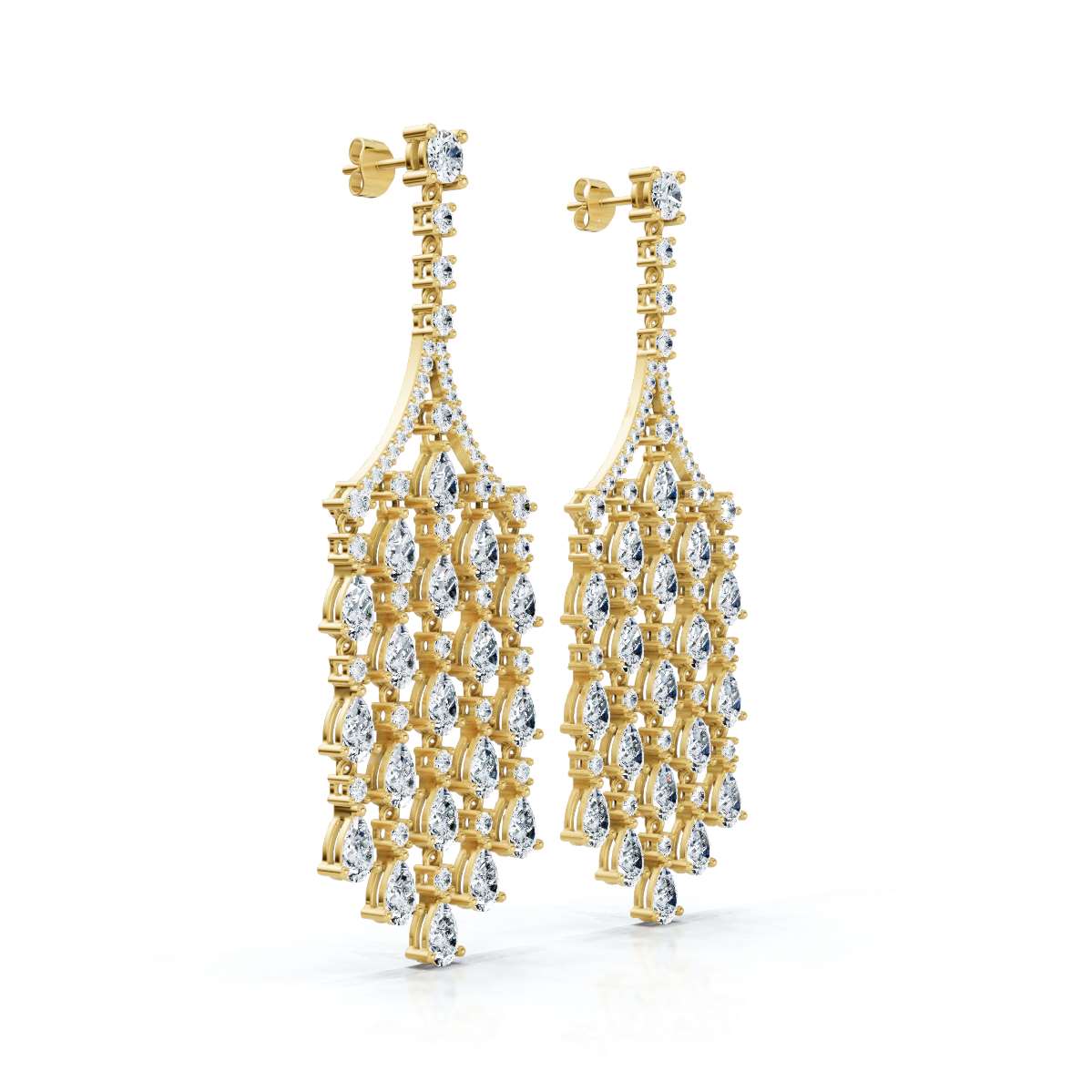 The Grand Deluge: 10.63 CTW Cascading Pear & Round Diamond Fringe Chandeliers 14K-18K Gold/Platinum